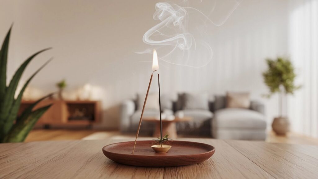 A peaceful scene with a lit incense stick on a wooden incense holder, releasing a gentle curl of smoke into a calm, minimalist room (1)