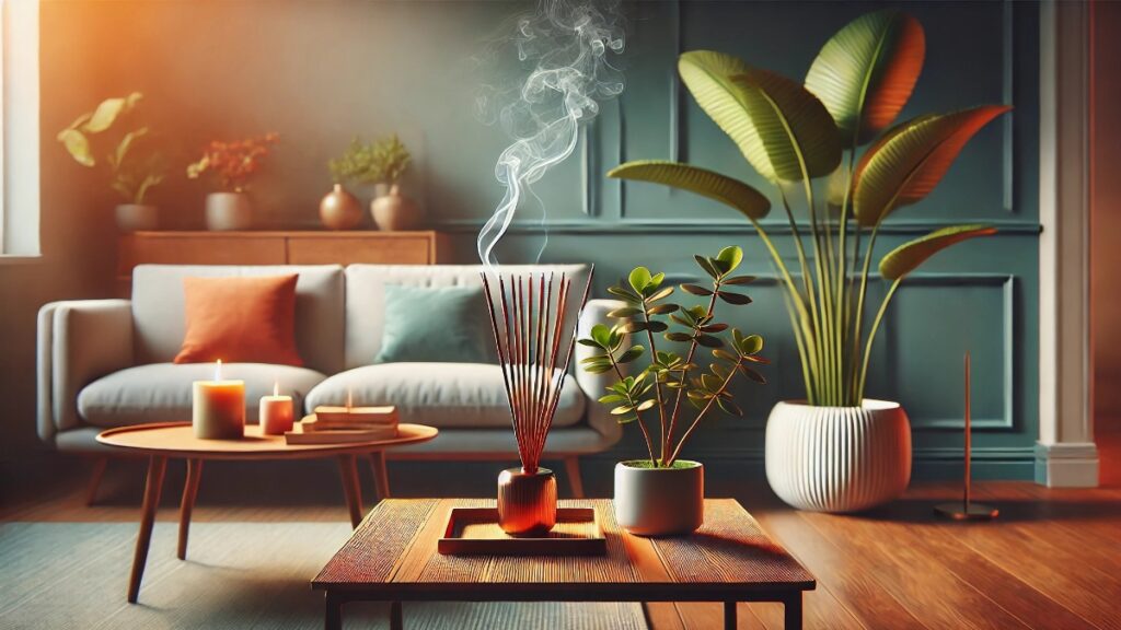 A vibrant and realistic image of a living room with modern decor, featuring burning incense sticks on a minimalist wooden table.