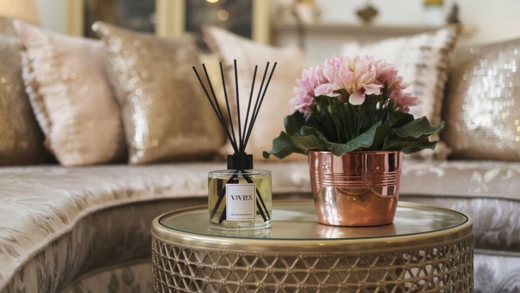 a cozy living room, with a flower pot close to the sofa. An aromatic incense diffuser sits on a glittering table,