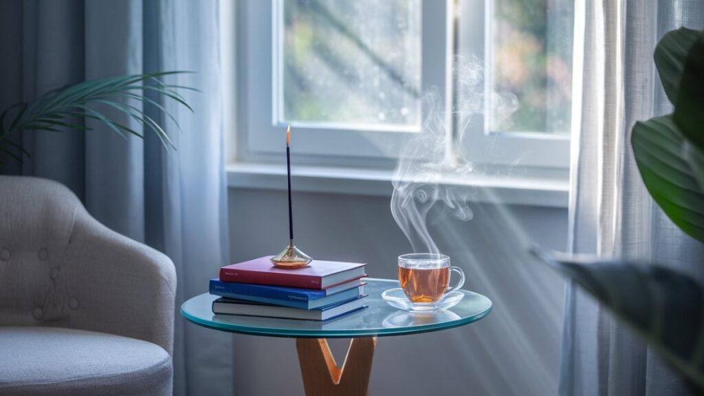 photo of a cozy reading nook by a window, featuring a lit incense stick on a small table, alongside a stack of books and a steaming cup of tea.